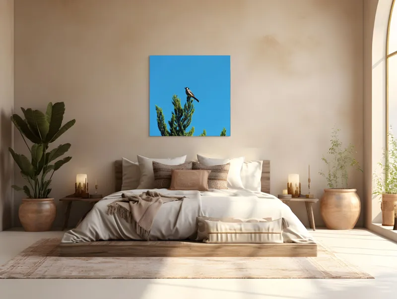Tablou Canvas, "Pasărea pe ramură sub cer senin", Pasăre, Ramură, Albastru, Cer, Natură, Verde, Frunziș, Calm, Solitudine, Liniște, 100 x 100 cm – poza 4