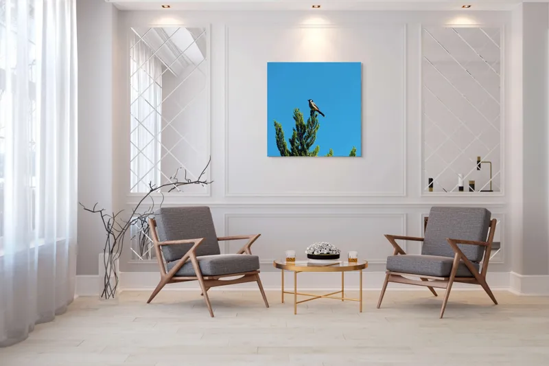 Tablou Canvas, "Pasărea pe ramură sub cer senin", Pasăre, Ramură, Albastru, Cer, Natură, Verde, Frunziș, Calm, Solitudine, Liniște, 100 x 100 cm – poza 7