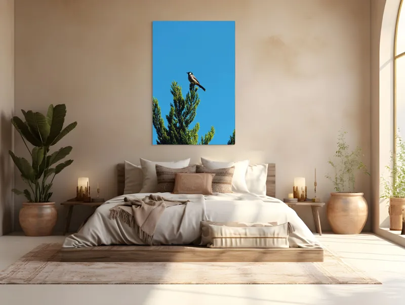 Tablou Canvas, "Pasărea pe ramură sub cer senin", Pasăre, Ramură, Albastru, Cer, Natură, Verde, Frunziș, Calm, Solitudine, Liniște, 100 x 150 cm – poza 3