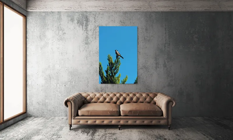 Tablou Canvas, "Pasărea pe ramură sub cer senin", Pasăre, Ramură, Albastru, Cer, Natură, Verde, Frunziș, Calm, Solitudine, Liniște, 100 x 150 cm – poza 6