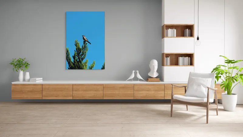 Tablou Canvas, "Pasărea pe ramură sub cer senin", Pasăre, Ramură, Albastru, Cer, Natură, Verde, Frunziș, Calm, Solitudine, Liniște, 100 x 150 cm – poza 8