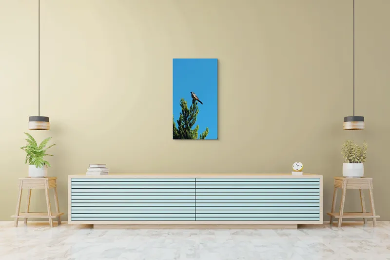 Tablou Canvas, "Pasărea pe ramură sub cer senin", Pasăre, Ramură, Albastru, Cer, Natură, Verde, Frunziș, Calm, Solitudine, Liniște, 50 x 90 cm – poza 6