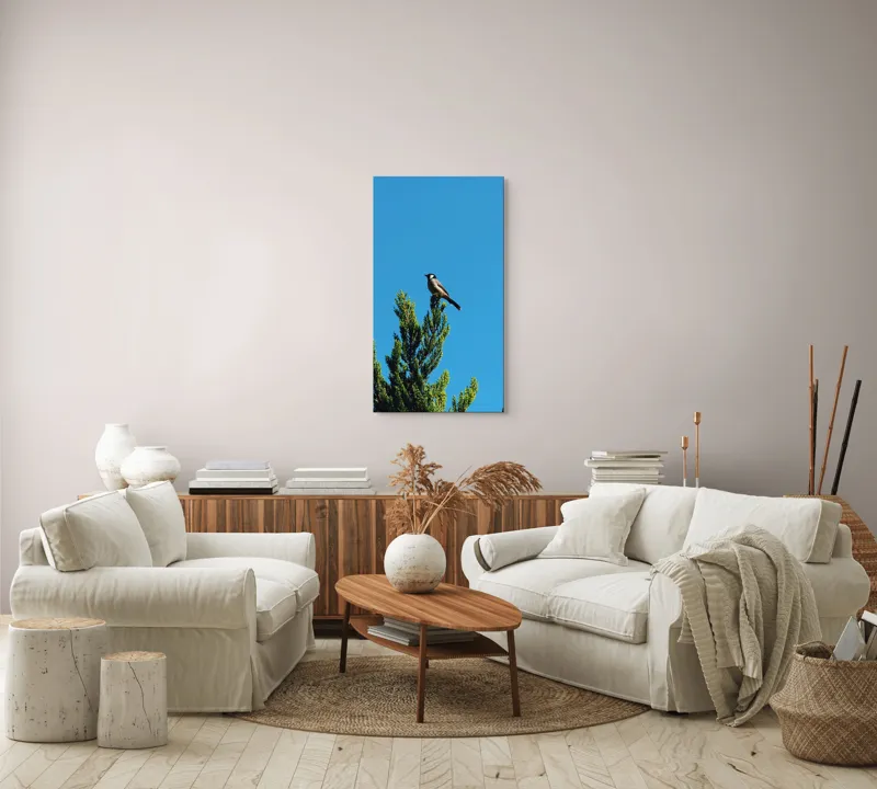 Tablou Canvas, "Pasărea pe ramură sub cer senin", Pasăre, Ramură, Albastru, Cer, Natură, Verde, Frunziș, Calm, Solitudine, Liniște, 50 x 90 cm – poza 7