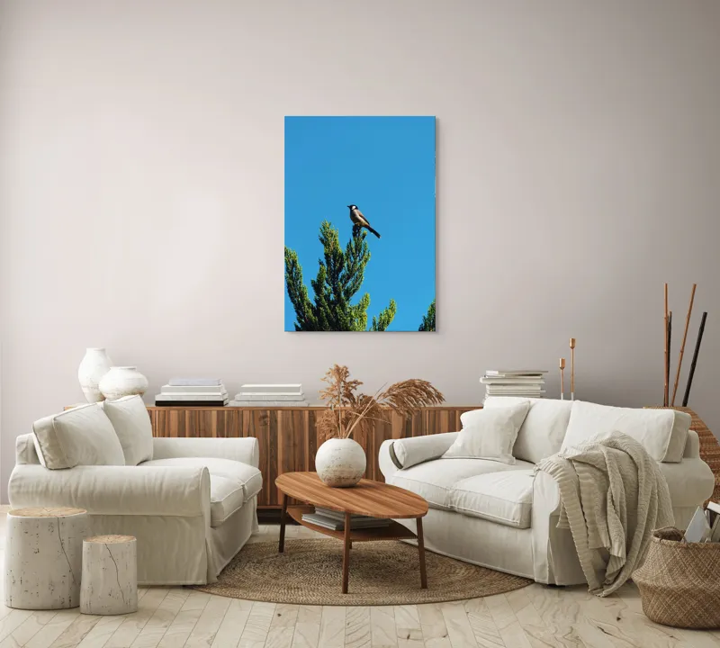 Tablou Canvas, "Pasărea pe ramură sub cer senin", Pasăre, Ramură, Albastru, Cer, Natură, Verde, Frunziș, Calm, Solitudine, Liniște, 70 x 100 cm – poza 4