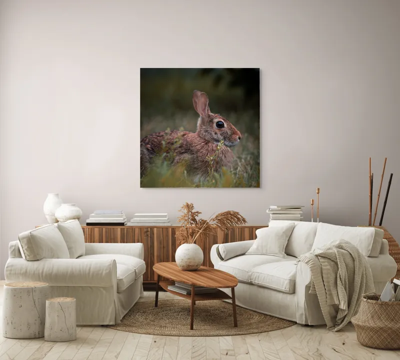 Tablou Canvas, "Iepurele în lumina dimineții pădurii", Blândețe, Natură, Măreție, Sânziene, Liniște, Vizuină, Alergare, Urechiușe, Campestru, Tandrețe., 100 x 100 cm – poza 3