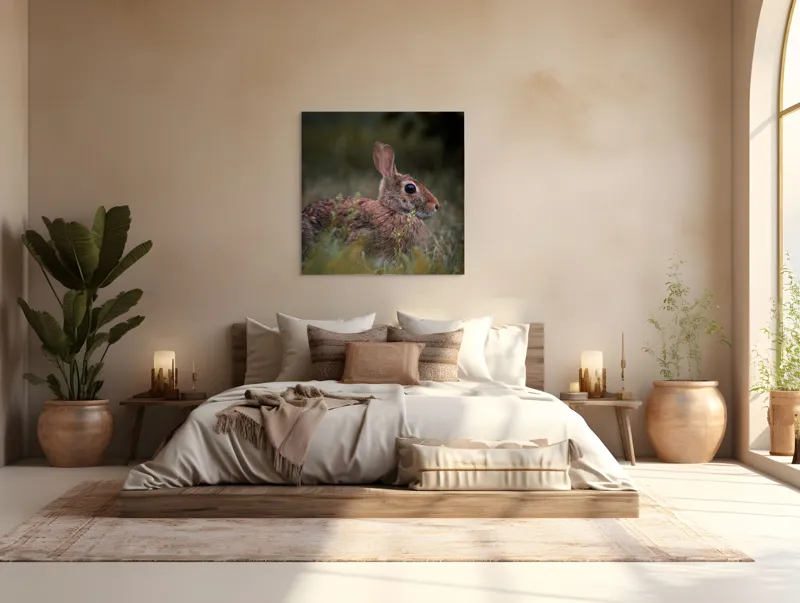 Tablou Canvas, "Iepurele în lumina dimineții pădurii", Blândețe, Natură, Măreție, Sânziene, Liniște, Vizuină, Alergare, Urechiușe, Campestru, Tandrețe., 100 x 100 cm – poza 4