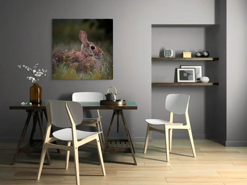 Tablou Canvas, "Iepurele în lumina dimineții pădurii", Blândețe, Natură, Măreție, Sânziene, Liniște, Vizuină, Alergare, Urechiușe, Campestru, Tandrețe., 100 x 100 cm – poza 6