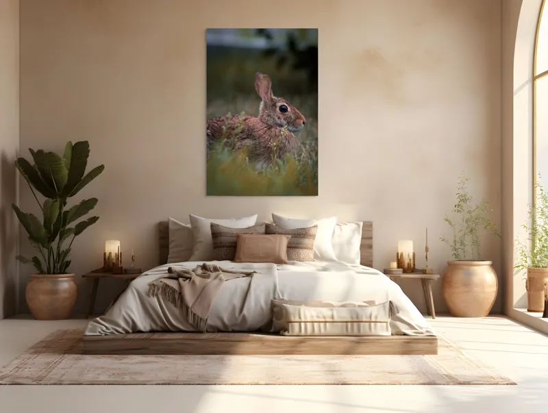 Tablou Canvas, "Iepurele în lumina dimineții pădurii", Blândețe, Natură, Măreție, Sânziene, Liniște, Vizuină, Alergare, Urechiușe, Campestru, Tandrețe., 100 x 150 cm – poza 3