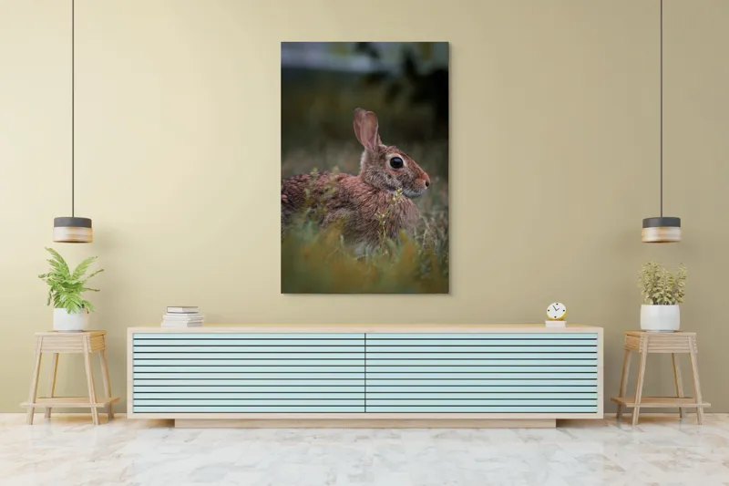 Tablou Canvas, "Iepurele în lumina dimineții pădurii", Blândețe, Natură, Măreție, Sânziene, Liniște, Vizuină, Alergare, Urechiușe, Campestru, Tandrețe., 100 x 150 cm – poza 4