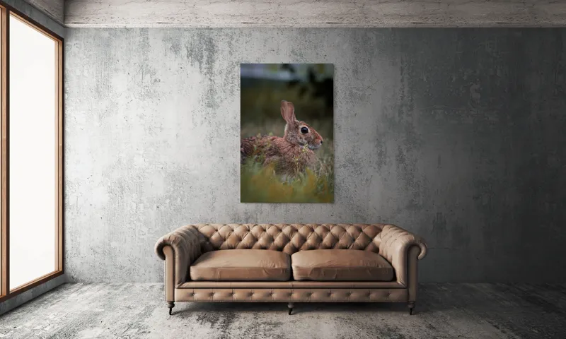 Tablou Canvas, "Iepurele în lumina dimineții pădurii", Blândețe, Natură, Măreție, Sânziene, Liniște, Vizuină, Alergare, Urechiușe, Campestru, Tandrețe., 100 x 150 cm – poza 6