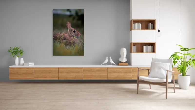 Tablou Canvas, "Iepurele în lumina dimineții pădurii", Blândețe, Natură, Măreție, Sânziene, Liniște, Vizuină, Alergare, Urechiușe, Campestru, Tandrețe., 100 x 150 cm – poza 8