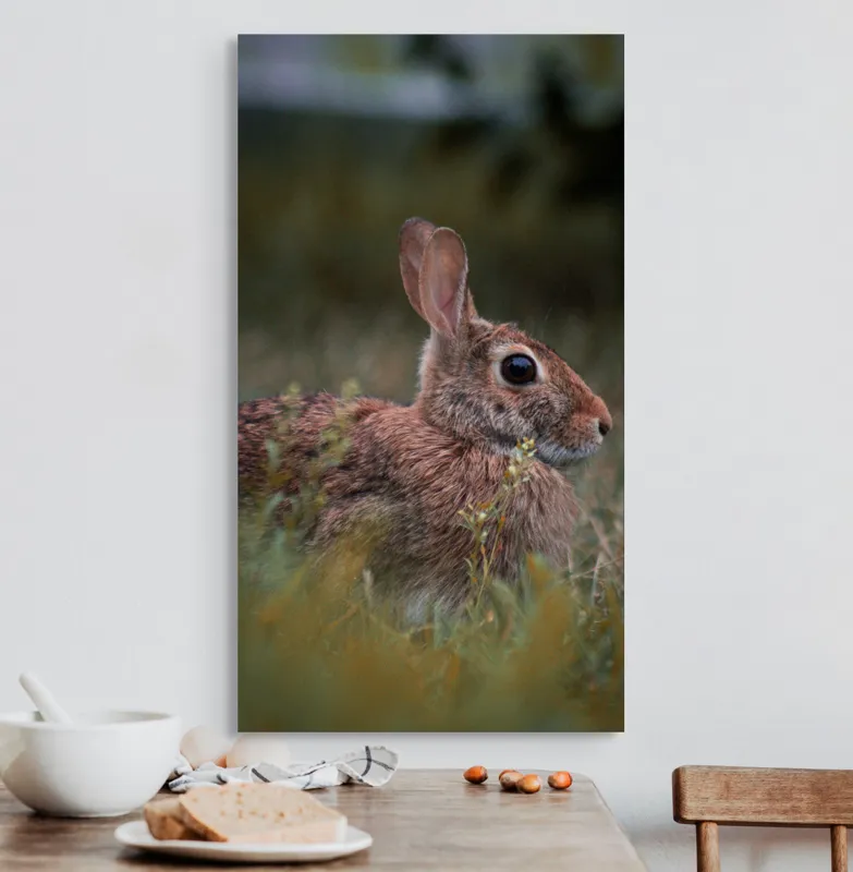 Tablou Canvas, "Iepurele în lumina dimineții pădurii", Blândețe, Natură, Măreție, Sânziene, Liniște, Vizuină, Alergare, Urechiușe, Campestru, Tandrețe., 50 x 90 cm – poza 3