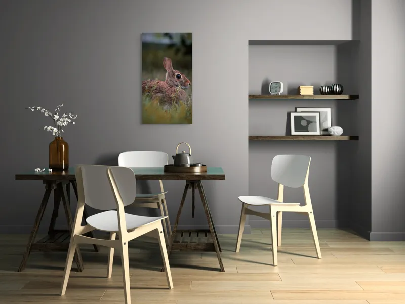 Tablou Canvas, "Iepurele în lumina dimineții pădurii", Blândețe, Natură, Măreție, Sânziene, Liniște, Vizuină, Alergare, Urechiușe, Campestru, Tandrețe., 50 x 90 cm – poza 4