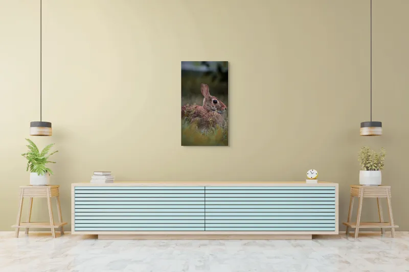 Tablou Canvas, "Iepurele în lumina dimineții pădurii", Blândețe, Natură, Măreție, Sânziene, Liniște, Vizuină, Alergare, Urechiușe, Campestru, Tandrețe., 50 x 90 cm – poza 6