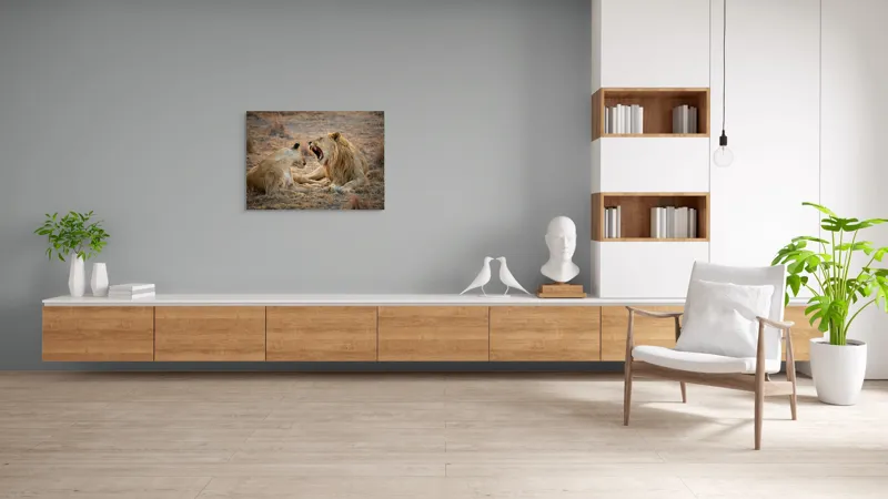 Tablou Canvas, "Leii odihnindu-se în savană africană", Leu, Leoaică, Savana, Tandrețe, Relaxează, Comunicare, Natura, Blană, Serenitate, Interacțiune, 100 x 70 cm – poza 6