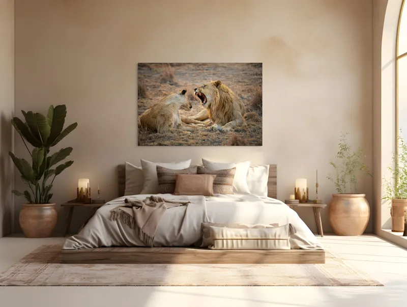 Tablou Canvas, "Leii odihnindu-se în savană africană", Leu, Leoaică, Savana, Tandrețe, Relaxează, Comunicare, Natura, Blană, Serenitate, Interacțiune, 150 x 100 cm – poza 4