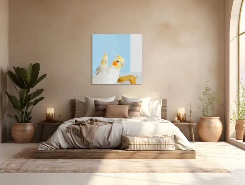 Tablou Canvas, "Două nimfe în decor pastelat", Cocorite, Creste, Portocaliu, Penaj, Fundal Albastru, 100 x 100 cm – poza 4