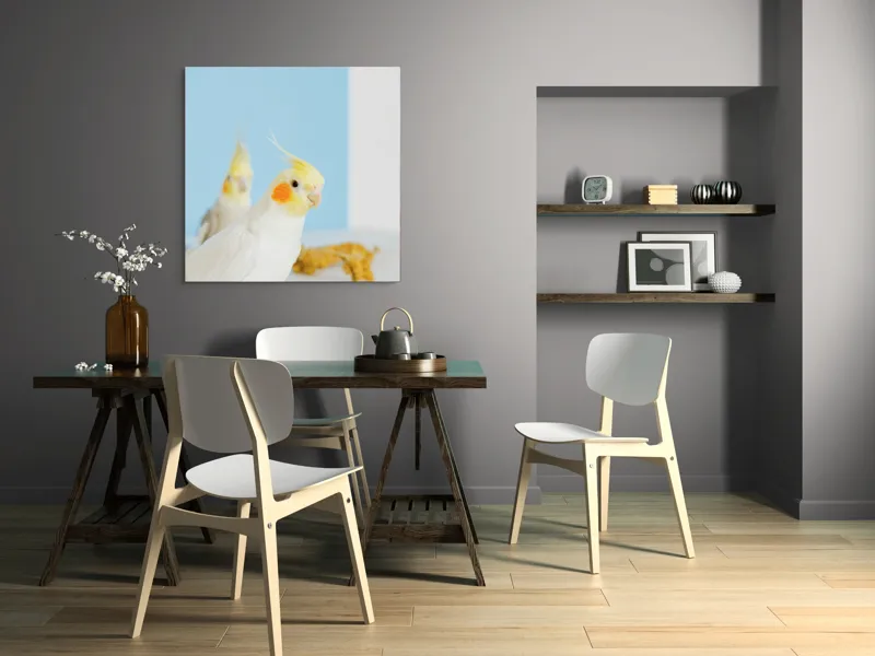 Tablou Canvas, "Două nimfe în decor pastelat", Cocorite, Creste, Portocaliu, Penaj, Fundal Albastru, 100 x 100 cm – poza 6