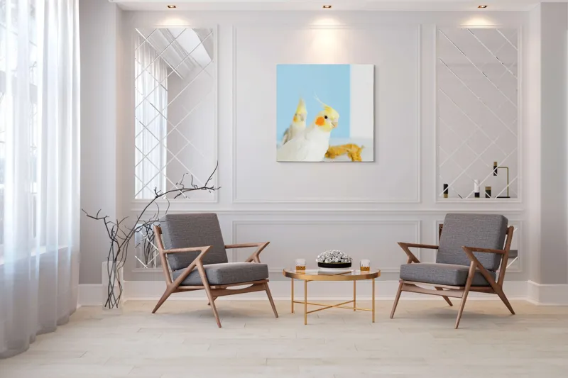 Tablou Canvas, "Două nimfe în decor pastelat", Cocorite, Creste, Portocaliu, Penaj, Fundal Albastru, 100 x 100 cm – poza 7