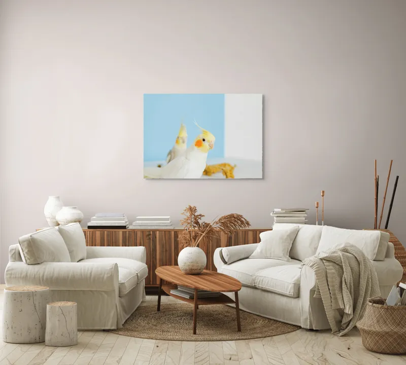 Tablou Canvas, "Două nimfe în decor pastelat", Cocorite, Creste, Portocaliu, Penaj, Fundal Albastru, 100 x 70 cm – poza 3