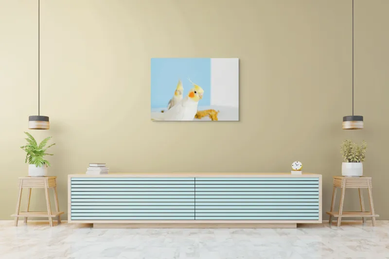 Tablou Canvas, "Două nimfe în decor pastelat", Cocorite, Creste, Portocaliu, Penaj, Fundal Albastru, 100 x 70 cm – poza 4