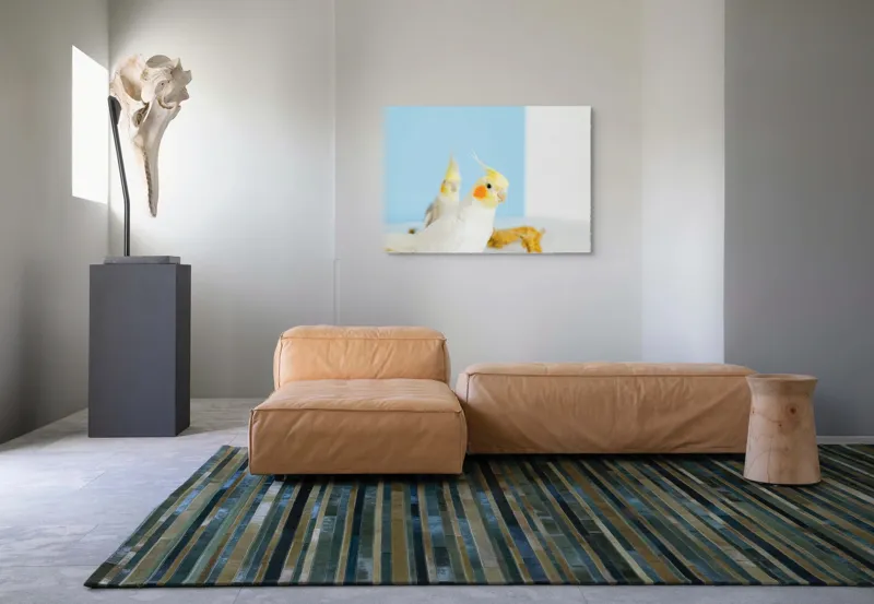 Tablou Canvas, "Două nimfe în decor pastelat", Cocorite, Creste, Portocaliu, Penaj, Fundal Albastru, 100 x 70 cm – poza 7