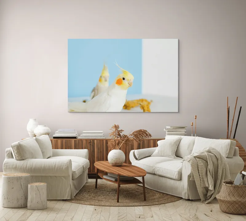 Tablou Canvas, "Două nimfe în decor pastelat", Cocorite, Creste, Portocaliu, Penaj, Fundal Albastru, 150 x 100 cm – poza 3