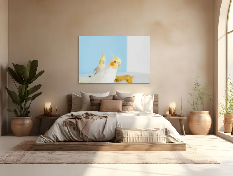 Tablou Canvas, "Două nimfe în decor pastelat", Cocorite, Creste, Portocaliu, Penaj, Fundal Albastru, 150 x 100 cm – poza 4