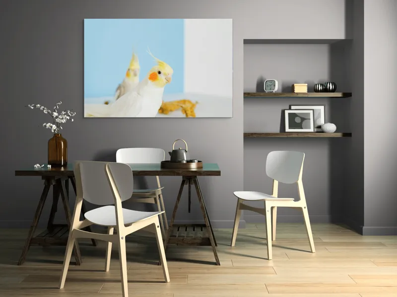 Tablou Canvas, "Două nimfe în decor pastelat", Cocorite, Creste, Portocaliu, Penaj, Fundal Albastru, 150 x 100 cm – poza 5