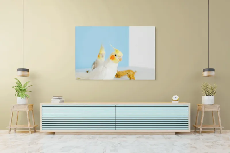 Tablou Canvas, "Două nimfe în decor pastelat", Cocorite, Creste, Portocaliu, Penaj, Fundal Albastru, 150 x 100 cm – poza 6