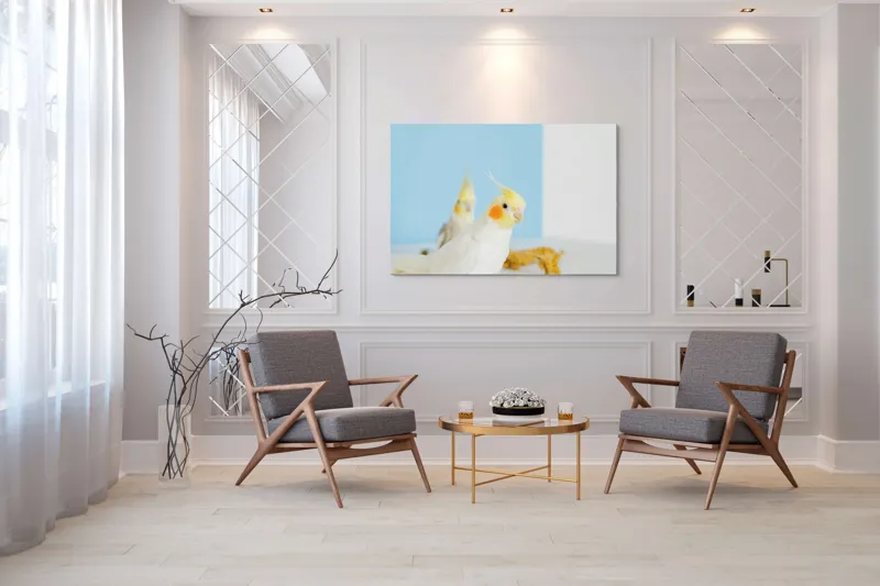 Tablou Canvas, "Două nimfe în decor pastelat", Cocorite, Creste, Portocaliu, Penaj, Fundal Albastru, 150 x 100 cm – poza 7