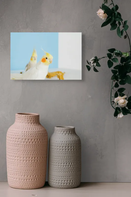 Tablou Canvas, "Două nimfe în decor pastelat", Cocorite, Creste, Portocaliu, Penaj, Fundal Albastru, 39 x 26 cm – poza 4