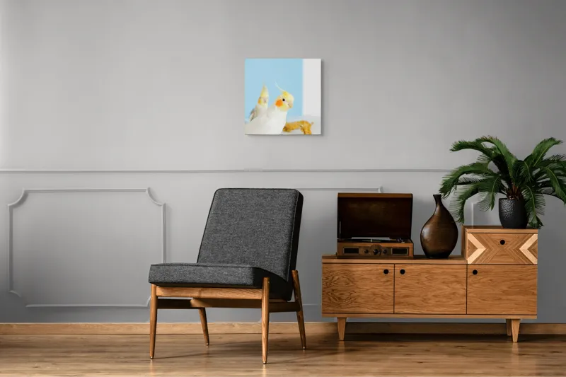 Tablou Canvas, "Două nimfe în decor pastelat", Cocorite, Creste, Portocaliu, Penaj, Fundal Albastru, 50 x 50 cm – poza 6