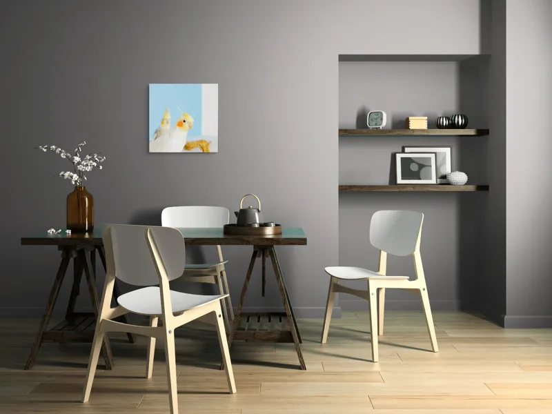 Tablou Canvas, "Două nimfe în decor pastelat", Cocorite, Creste, Portocaliu, Penaj, Fundal Albastru, 50 x 50 cm – poza 8
