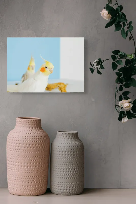 Tablou Canvas, "Două nimfe în decor pastelat", Cocorite, Creste, Portocaliu, Penaj, Fundal Albastru, 54 x 39 cm – poza 8
