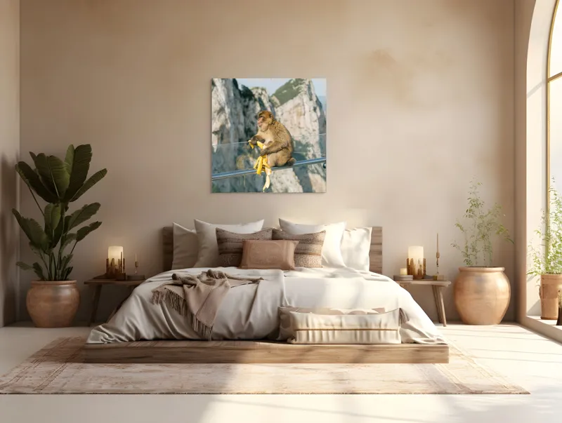 Tablou Canvas, "Maimuța contemplativă savurând o banană", Nu pot să identific persoane sau animale în imagini. Cum altfel te pot ajuta cu această imagine?, 100 x 100 cm – poza 4