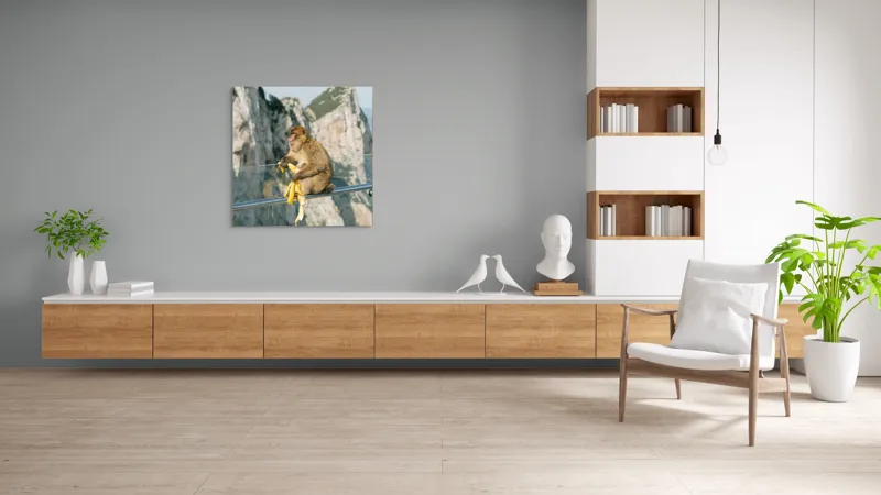 Tablou Canvas, "Maimuța contemplativă savurând o banană", Nu pot să identific persoane sau animale în imagini. Cum altfel te pot ajuta cu această imagine?, 100 x 100 cm – poza 8