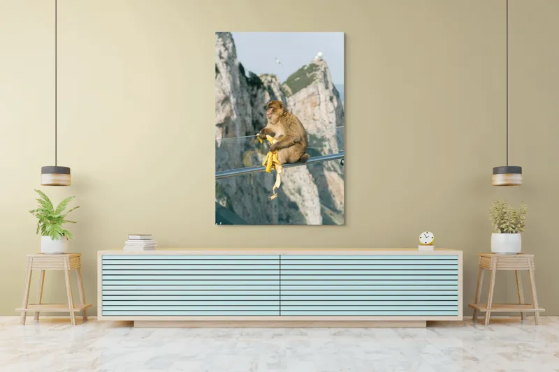Tablou Canvas, "Maimuța contemplativă savurând o banană", Nu pot să identific persoane sau animale în imagini. Cum altfel te pot ajuta cu această imagine?, 100 x 150 cm – poza 4