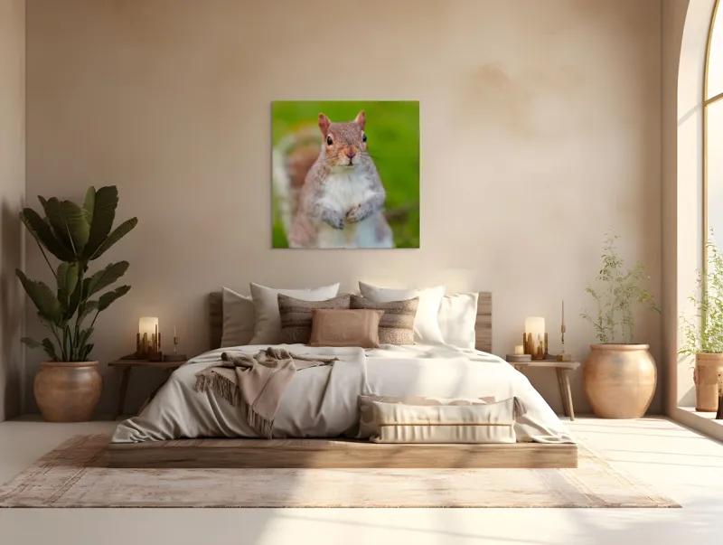 Tablou Canvas, "Veverița curioasă din grădină", Veveriță, Drăgălașă, Curioasă, Blăniță, Ochii, Verdeață., 100 x 100 cm – poza 4