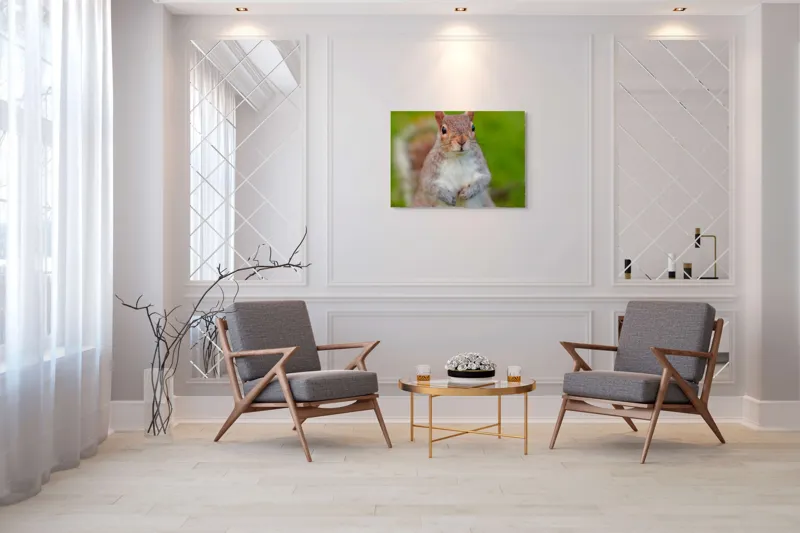 Tablou Canvas, "Veverița curioasă din grădină", Veveriță, Drăgălașă, Curioasă, Blăniță, Ochii, Verdeață., 100 x 70 cm – poza 5