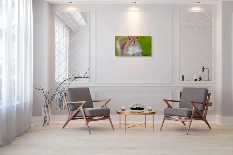 Tablou Canvas, "Veverița curioasă din grădină", Veveriță, Drăgălașă, Curioasă, Blăniță, Ochii, Verdeață., 90 x 50 cm – poza 7