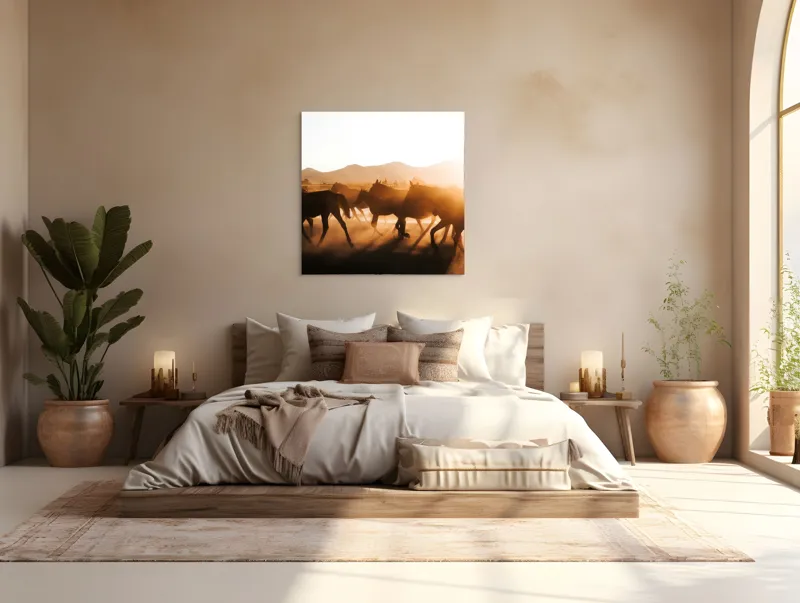Tablou Canvas, "Cai alergând în apusul deșertului", Cai, Apus, Siluete, Libertate, Praful, Peisaj, Mișcare, Lumină, Natură, 100 x 100 cm – poza 4