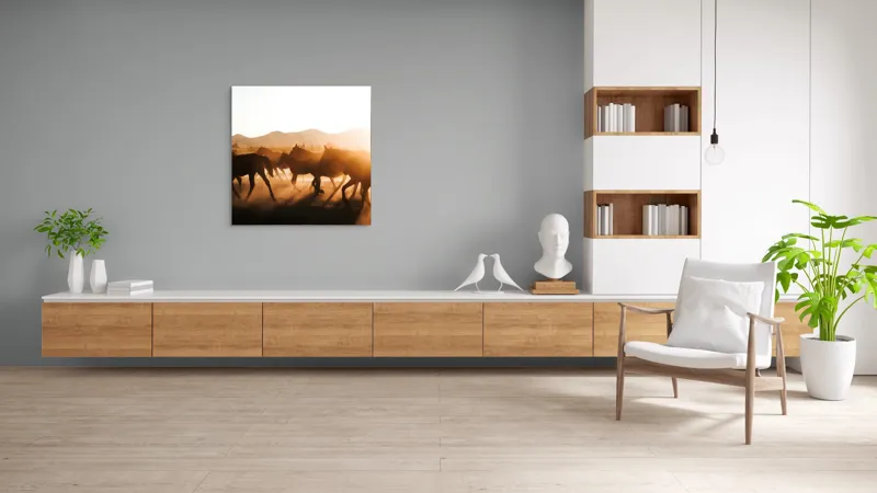Tablou Canvas, "Cai alergând în apusul deșertului", Cai, Apus, Siluete, Libertate, Praful, Peisaj, Mișcare, Lumină, Natură, 100 x 100 cm – poza 8