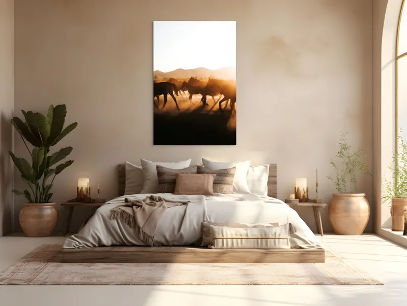 Tablou Canvas, "Cai alergând în apusul deșertului", Cai, Apus, Siluete, Libertate, Praful, Peisaj, Mișcare, Lumină, Natură, 100 x 150 cm – poza 3