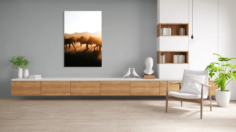 Tablou Canvas, "Cai alergând în apusul deșertului", Cai, Apus, Siluete, Libertate, Praful, Peisaj, Mișcare, Lumină, Natură, 100 x 150 cm – poza 8