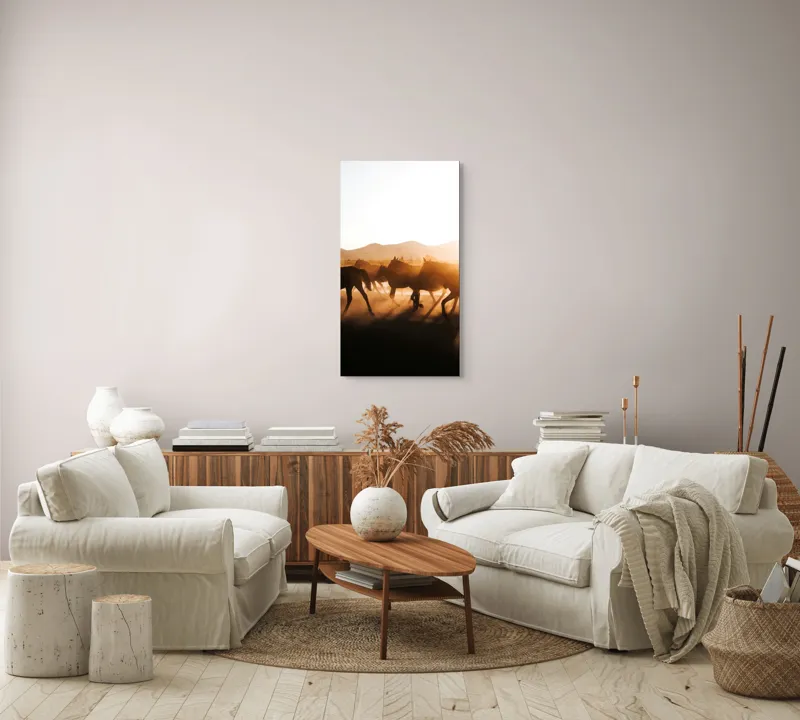 Tablou Canvas, "Cai alergând în apusul deșertului", Cai, Apus, Siluete, Libertate, Praful, Peisaj, Mișcare, Lumină, Natură, 50 x 90 cm – poza 7