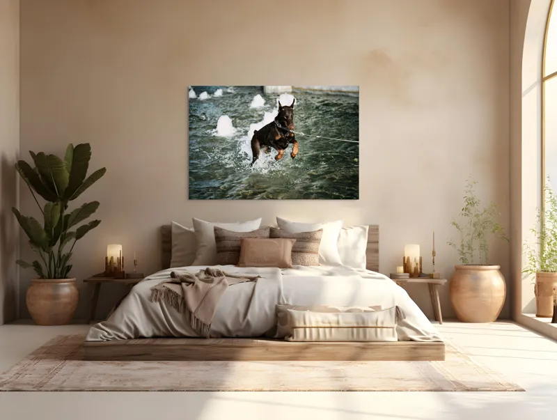 Tablou Canvas, "Câinele zburător al fântânii urbane", Nu pot spune cine este în imagine, dar este un câine care se joacă în apă., 150 x 100 cm – poza 4
