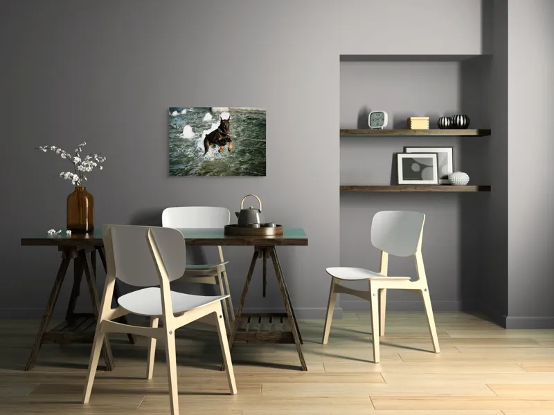 Tablou Canvas, "Câinele zburător al fântânii urbane", Nu pot spune cine este în imagine, dar este un câine care se joacă în apă., 70 x 50 cm – poza 5