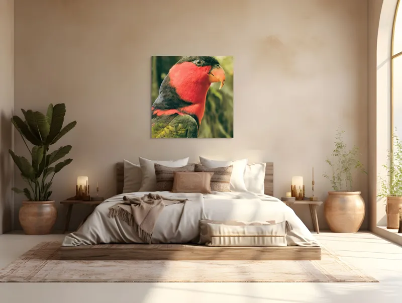 Tablou Canvas, "Papagalul în culori vii admirând natura", Pasăre, Colorată, Roșu, Negru, Cioc, Pene, Natură, Exotic, Privire, Detalii, 100 x 100 cm – poza 4