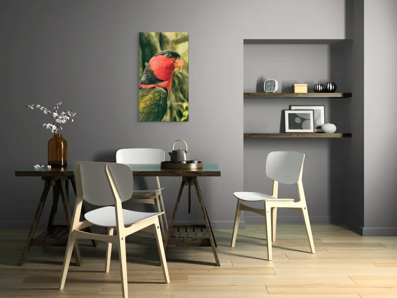 Tablou Canvas, "Papagalul în culori vii admirând natura", Pasăre, Colorată, Roșu, Negru, Cioc, Pene, Natură, Exotic, Privire, Detalii, 50 x 90 cm – poza 4